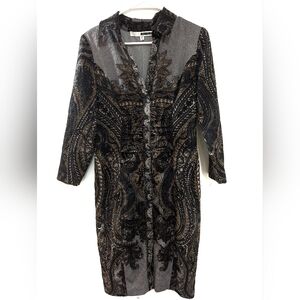 Tracy Reese Sexy Shirt Dress Taupe Paisley 4 Silk Blend Ruched Y2K
